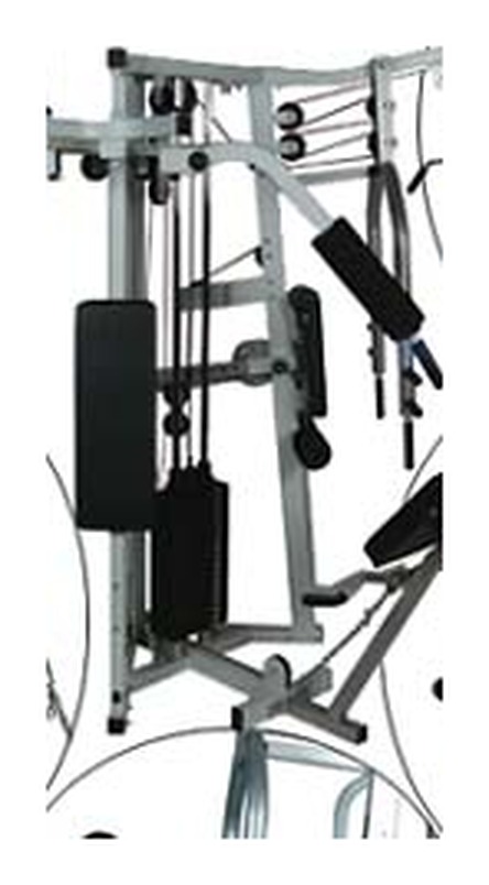 Apex Challenge Circuit 7000: a silver corner multi-gym with a weight stack, pulleys, cables, and padded stations.