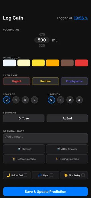 Routinely Log Cath screen on a dark background, with volume in mL, urine color, cath type, leakage and urgency controls and a Save button.