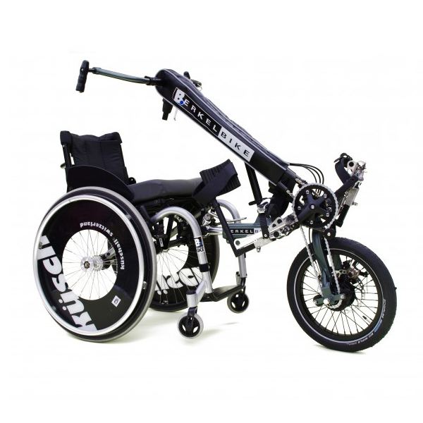 BerkelBike Connect: a single-wheel wheelchair attachment with hand cranks, a front wheel, and leg supports.