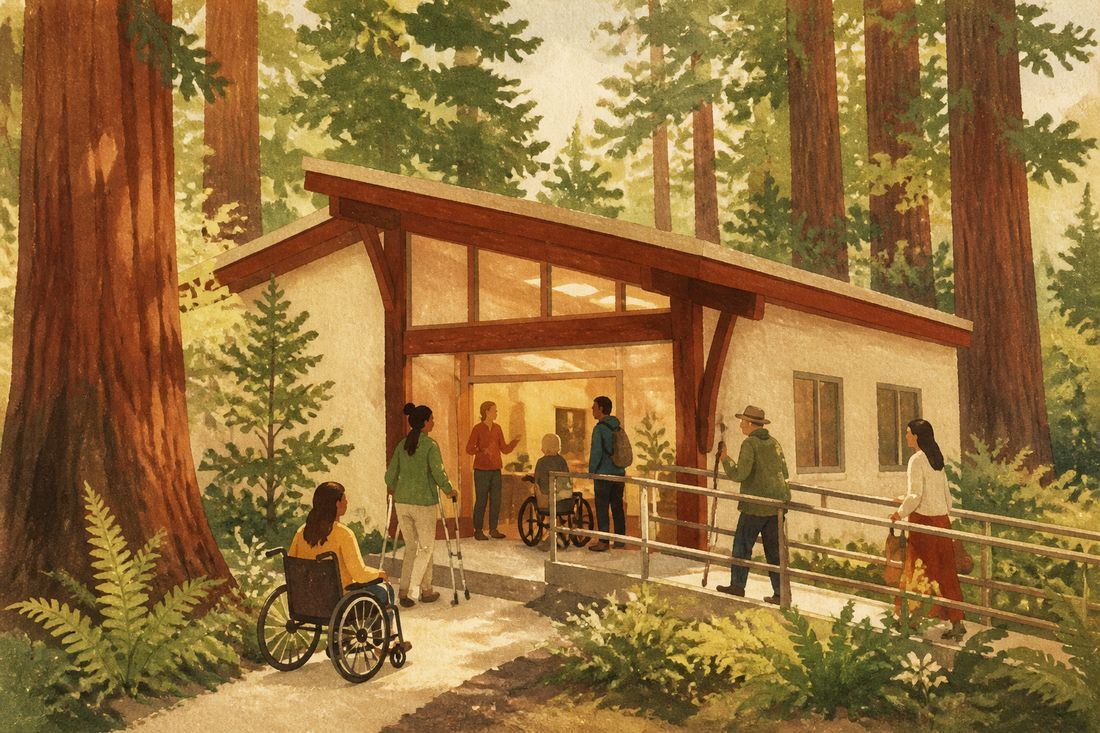 Illustration of an accessible cream building with a ramp in a redwood grove, with people using wheelchairs, crutches, and a walking stick arriving and being welcomed.