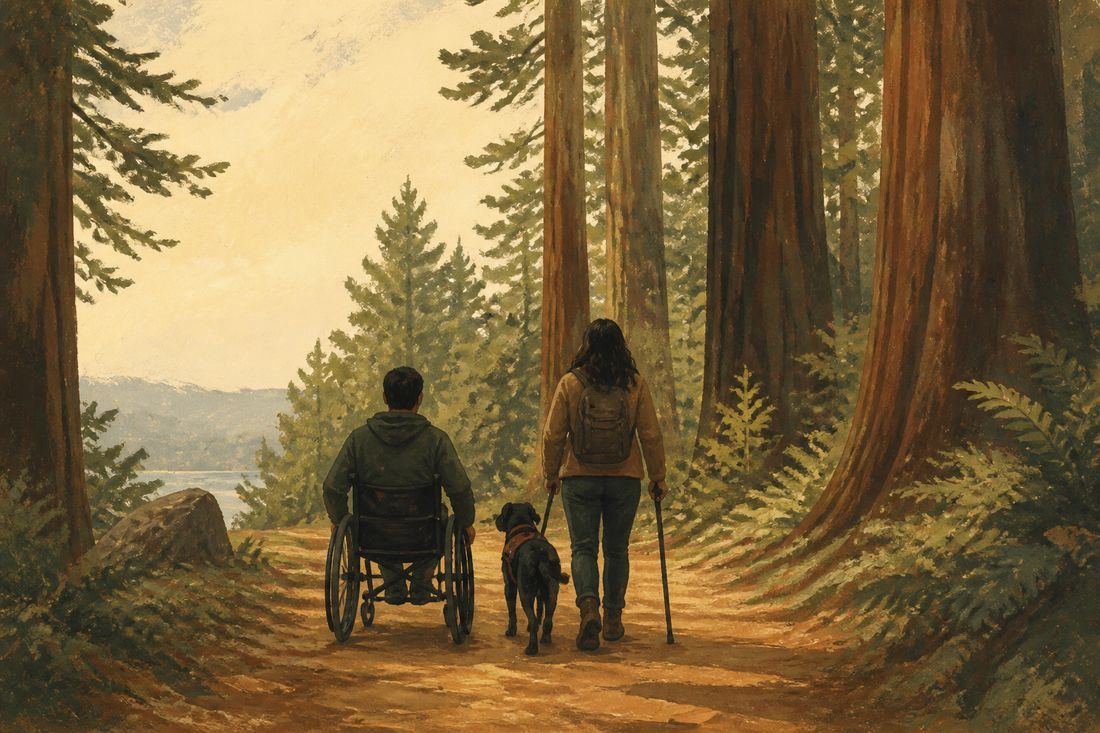 Illustration of a person in a wheelchair, a service dog, and a person with a cane walking a sunlit path through a redwood forest.
