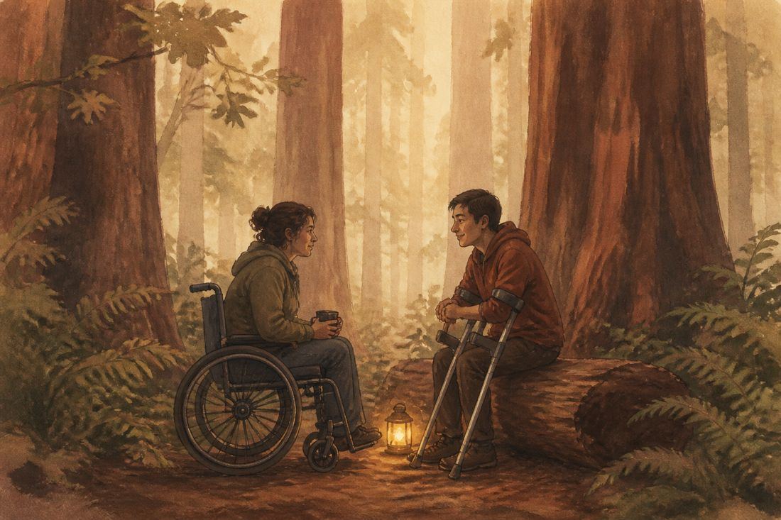Illustration of a woman in a wheelchair and a man with forearm crutches talking beside a lantern in a redwood grove.