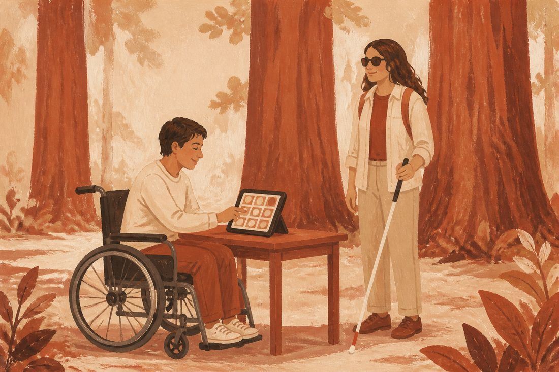 Illustration of a man in a wheelchair using a tablet at a table in a redwood grove, with a woman using a white cane standing beside him.
