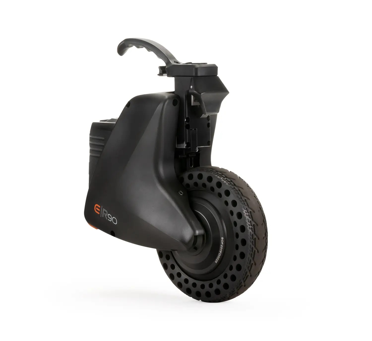 Sunrise Medical Empulse R90 power assist unit: a compact black under-seat drive with V-Lock attachment and a perforated drive tire, shown empty against a white background.