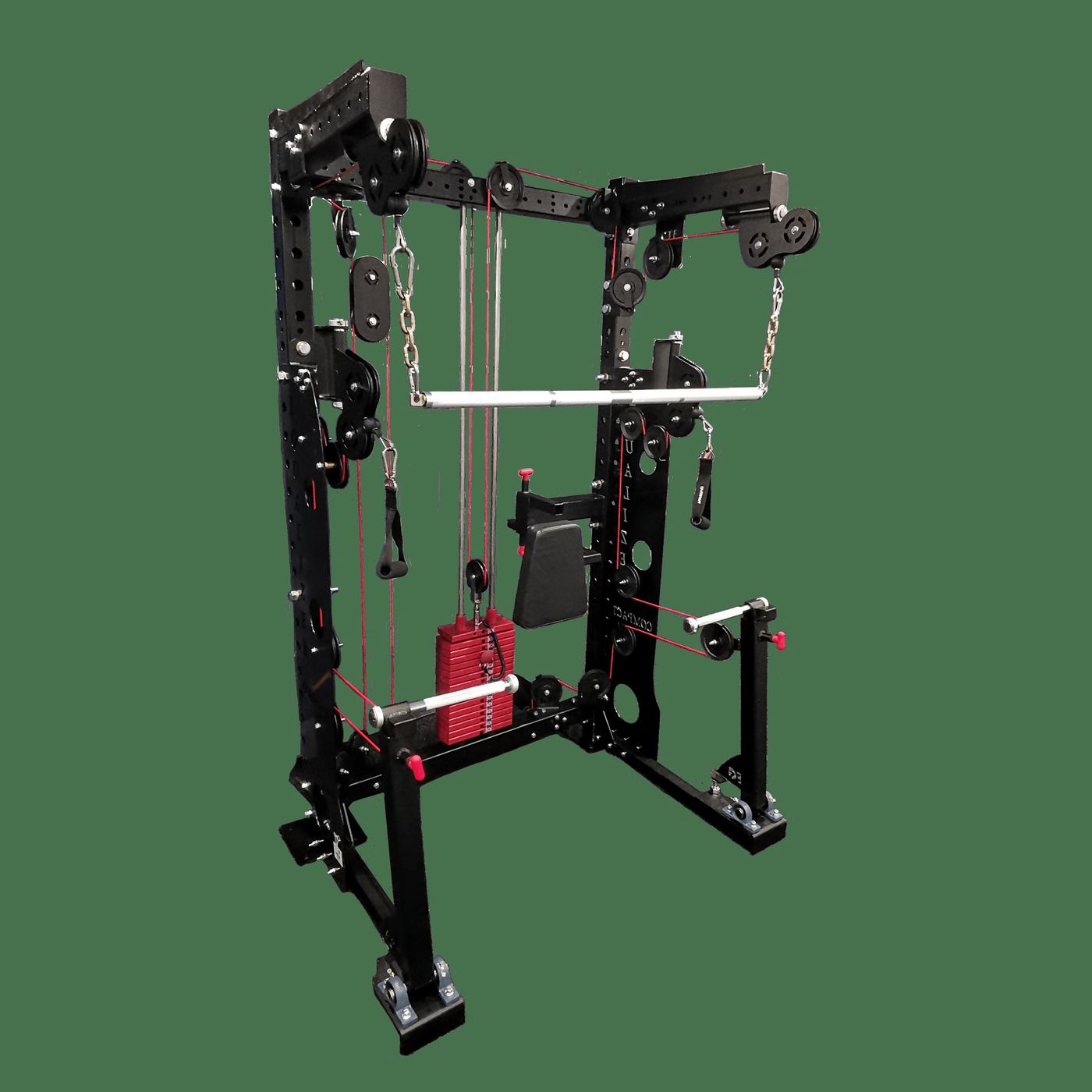 Equalizer 6000 wheelchair-accessible multi-gym: a black roll-in weight-stack frame with red cables, lat bar, and open front for wheelchair access, shown empty against a dark background.