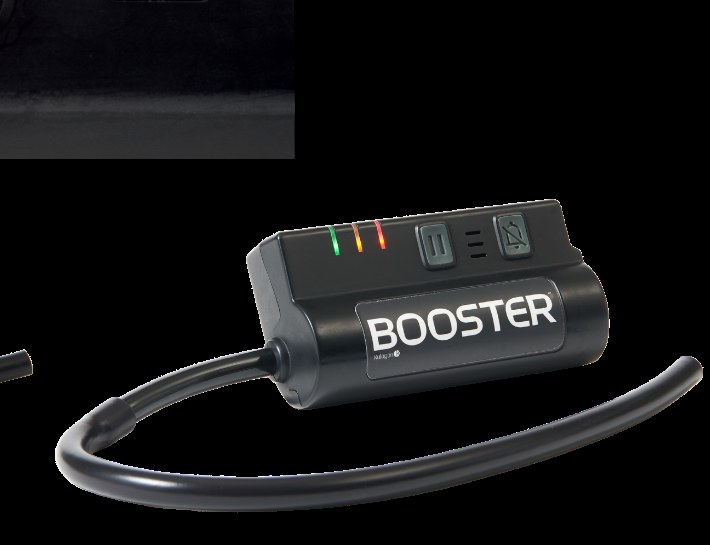 Kalogon Booster, a small black controller labeled BOOSTER with a hose that attaches to a wheelchair air cushion.