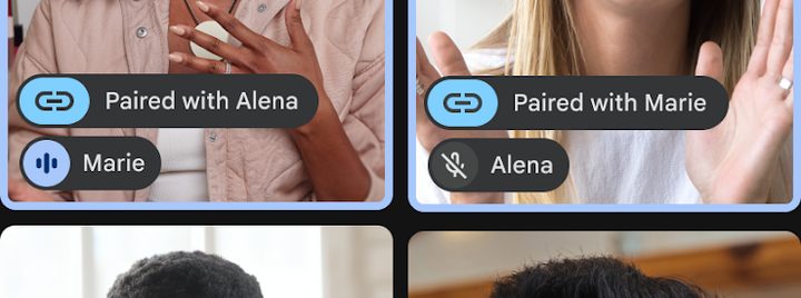 Google Meet video tiles labeled “Paired with Alena” and “Paired with Marie,” with the participants’ hands raised as they sign.