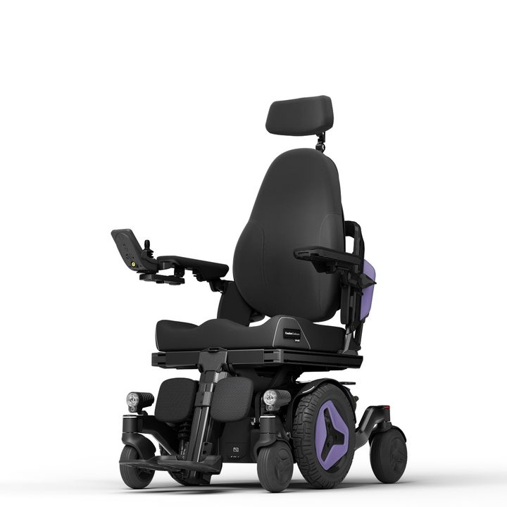 Permobil M4 Nexa compact mid-wheel power wheelchair: an empty black chair with lavender hub accents, high-back seat, headrest, joystick, and six-wheel base, shown against a white background.