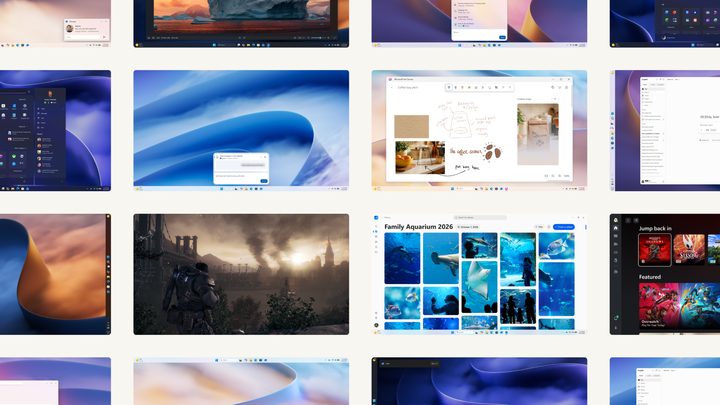A grid of Windows 11 screens in blue and orange tones, including a photo album, a whiteboard app and a game library.