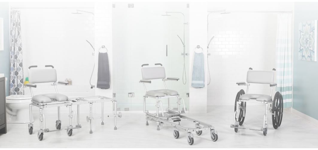 NuProdx rust-proof shower and commode chair for wet rooms, with adjustable height and easy maneuvering.