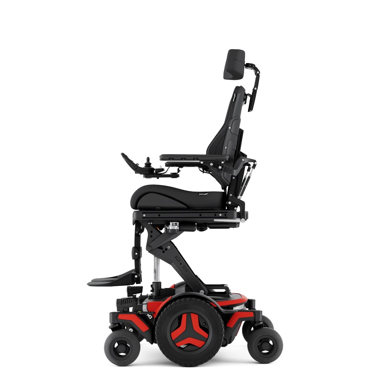Permobil M3 power wheelchair with Corpus seating: an empty mid-wheel-drive chair with contoured seat and Ergo backrest, headrest, joystick, and power seat elevation mechanism, shown against a white background.