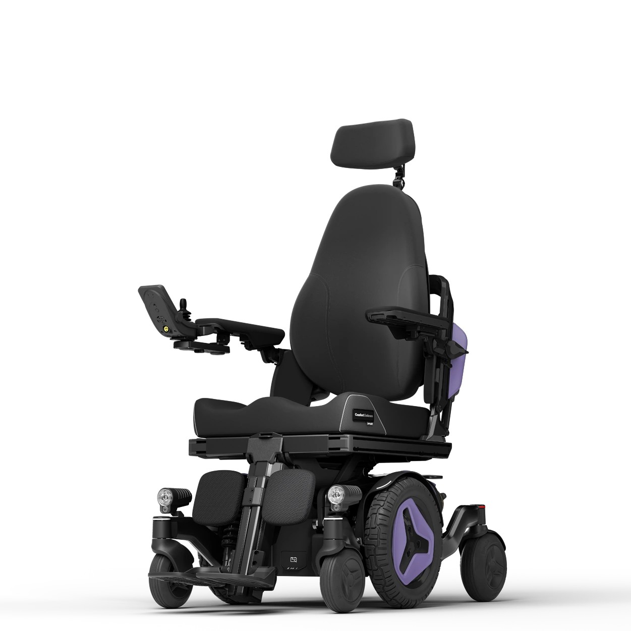Permobil M4 Nexa compact mid-wheel power wheelchair: an empty black chair with lavender hub accents, high-back seat, headrest, joystick, and six-wheel base, shown against a white background.