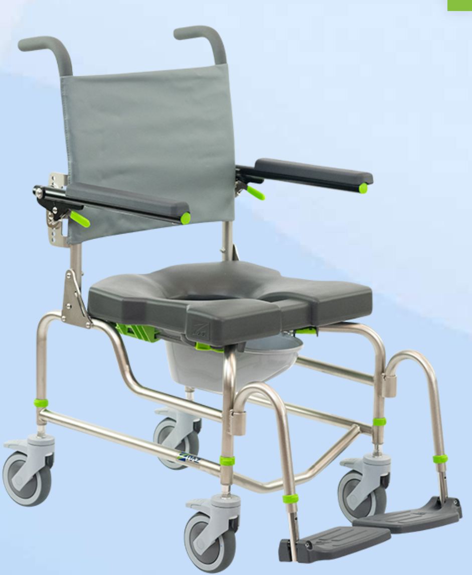 RAZ Design shower and commode chair with a stainless steel frame, gray padded seat with a commode opening, lime-green adjustment accents, and caster wheels.