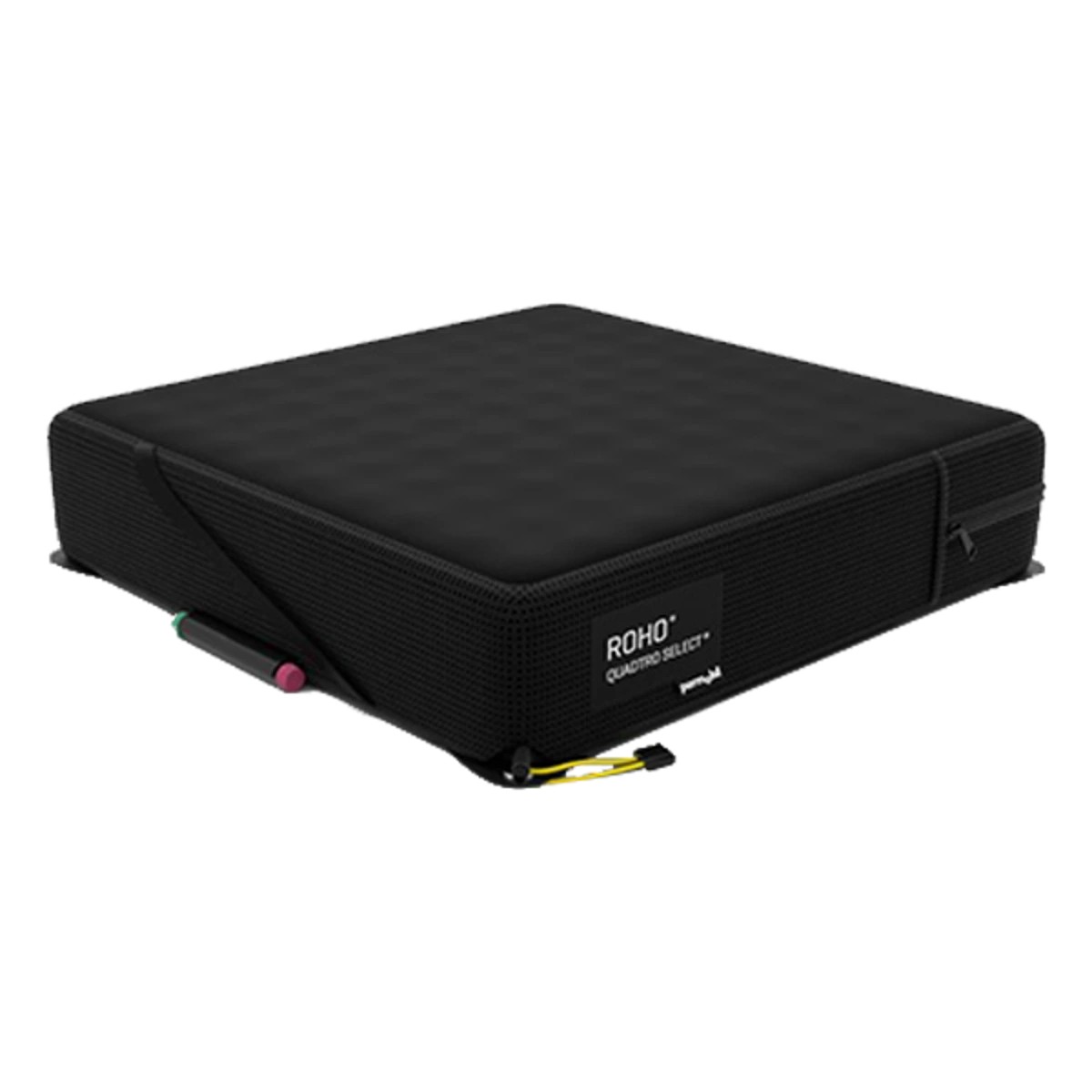 ROHO Quadtro Select wheelchair cushion: a black mesh-covered air-cell cushion with the IsoFlo Memory Control (green and red buttons) on the side and a yellow adjustment cord, shown against a white background.