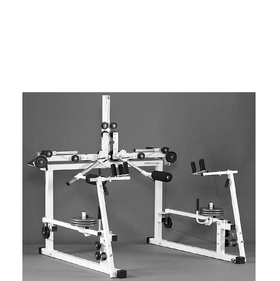 GPK Uppertone multi-station upper-body strength system: a white roll-in frame with foam-padded levers, pulleys, and weight pegs, shown empty against a studio background.